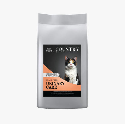 Silver pet food bag for sterilized adult cats, featuring "Urinary Care" and a calico cat.