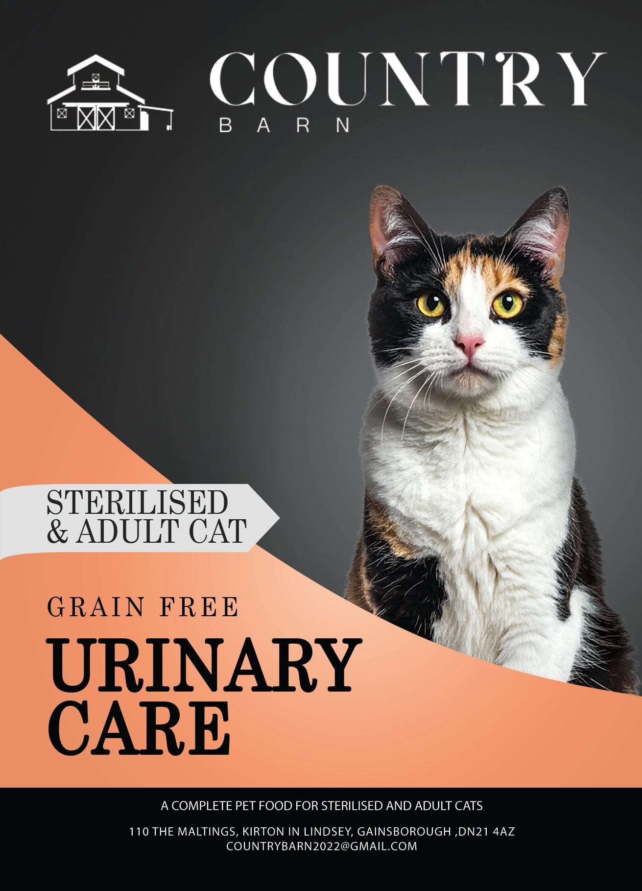 Calico cat looking forward, with "Sterilised & Adult Cat" and "Grain Free Urinary Care" text on an orange overlay.