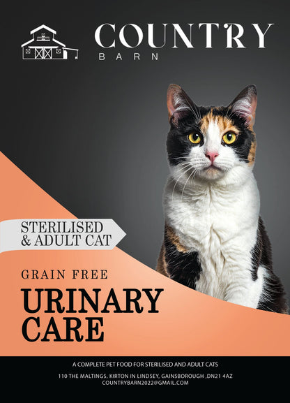 Calico cat looking forward, with "Sterilised & Adult Cat" and "Grain Free Urinary Care" text on an orange overlay.