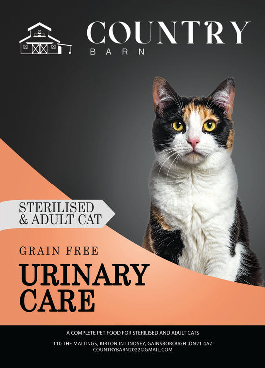 Calico cat looking forward, with "Sterilised & Adult Cat" and "Grain Free Urinary Care" text on an orange overlay.