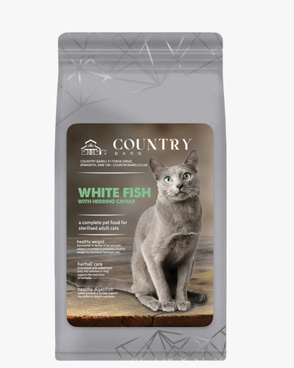 Country Barn White Fish & Nordic Herring Caviar cat food bag with a grey cat.