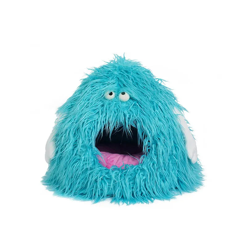 ZEZE Blue Monster Cat Bed – Plush Enclosed Hideaway with Cosy Cushion-Fussy Cat