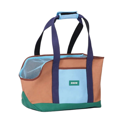 ZEZE canvas pet carrier in brown, turquoise, and green, with mesh window and top handles.