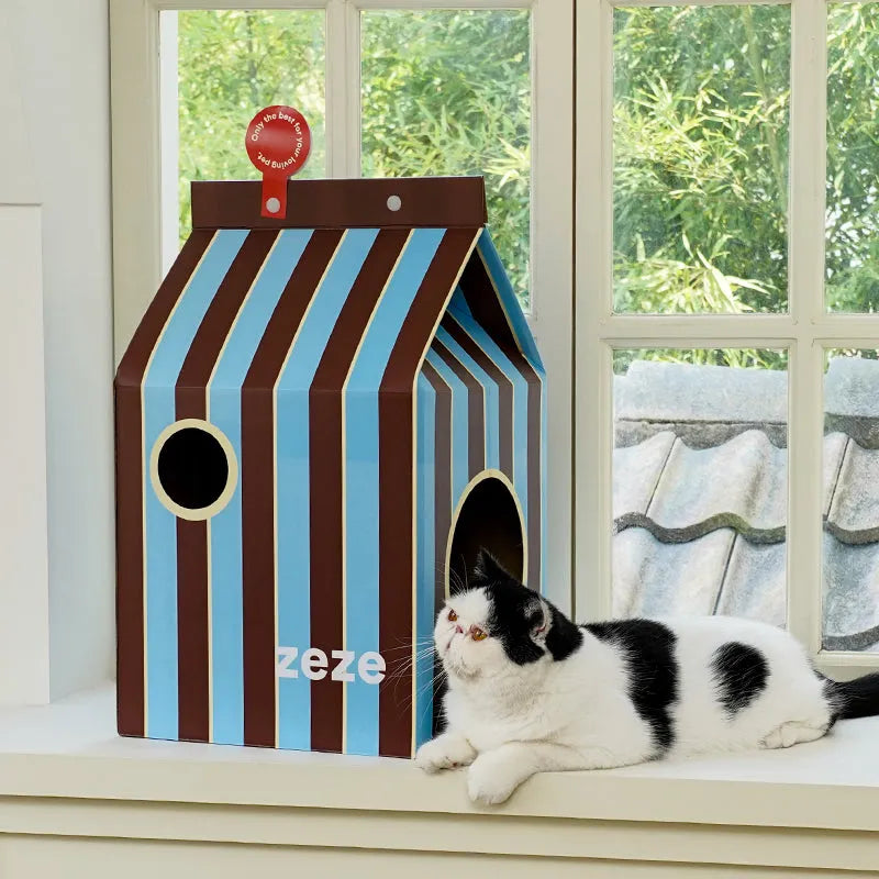 ZEZE Milk Carton Cat House – Cardboard Hideaway & Playhouse-Fussy Cat
