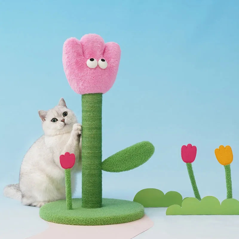 ZEZE Tulip Cat Scratching Post – Plush Flower Design with Rattle Leaves-Fussy Cat