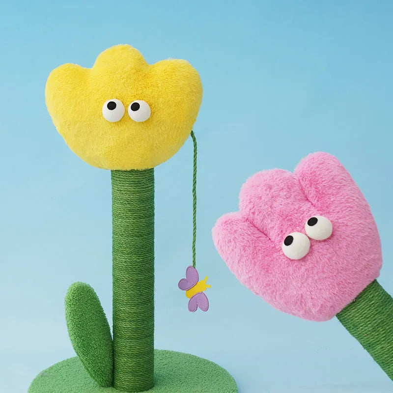 ZEZE Tulip Cat Scratching Post – Plush Flower Design with Rattle Leaves-Fussy Cat