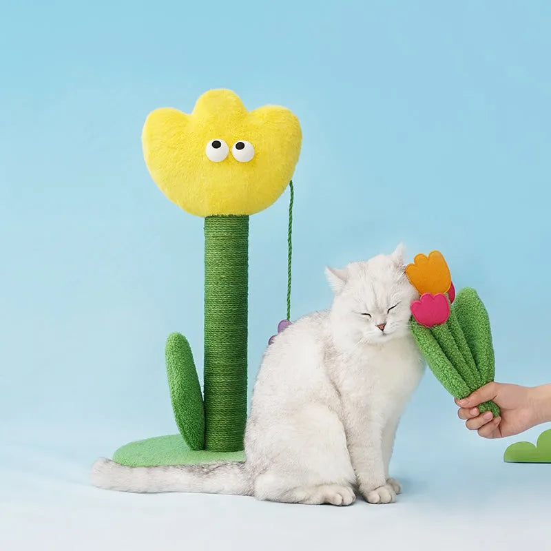 ZEZE Tulip Cat Scratching Post – Plush Flower Design with Rattle Leaves-Fussy Cat