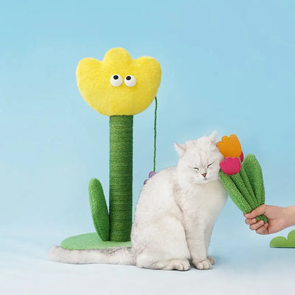 ZEZE Tulip Cat Scratching Post – Plush Flower Design with Rattle Leaves-Fussy Cat