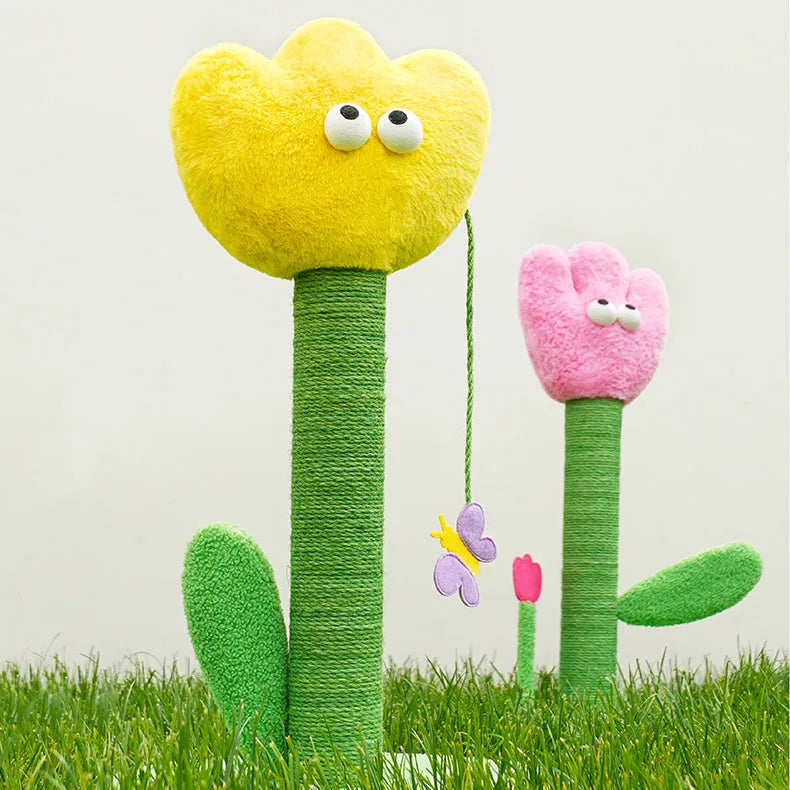 ZEZE Tulip Cat Scratching Post – Plush Flower Design with Rattle Leaves-Fussy Cat