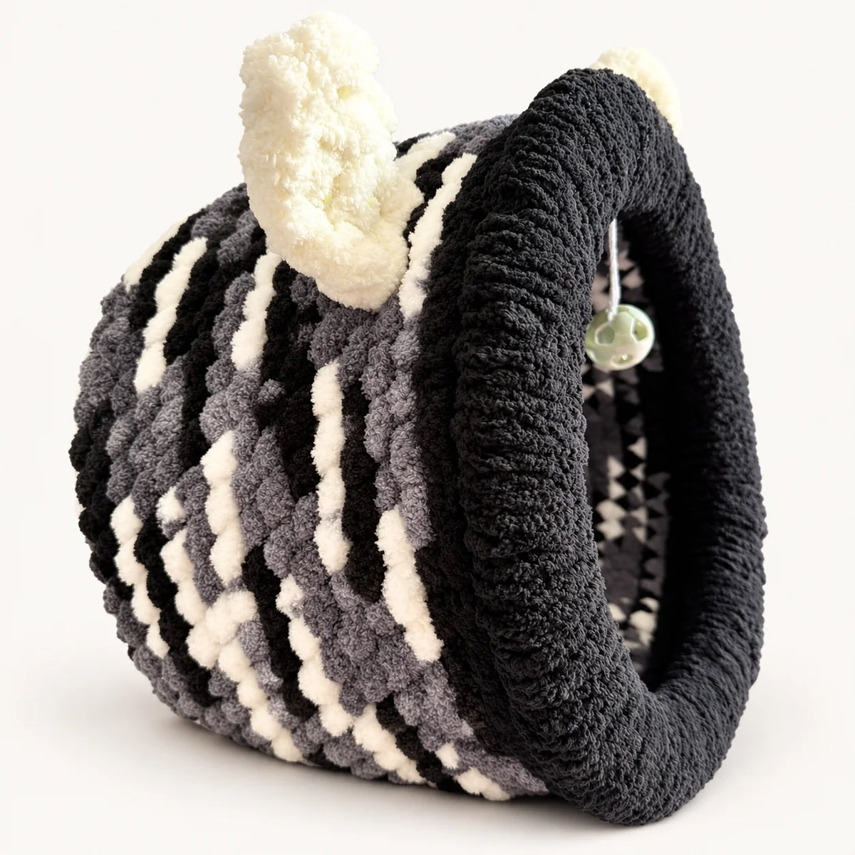 Luxury Chunky Knit Cat Cave Bed with Pom-Pom Toy - Handmade to Order