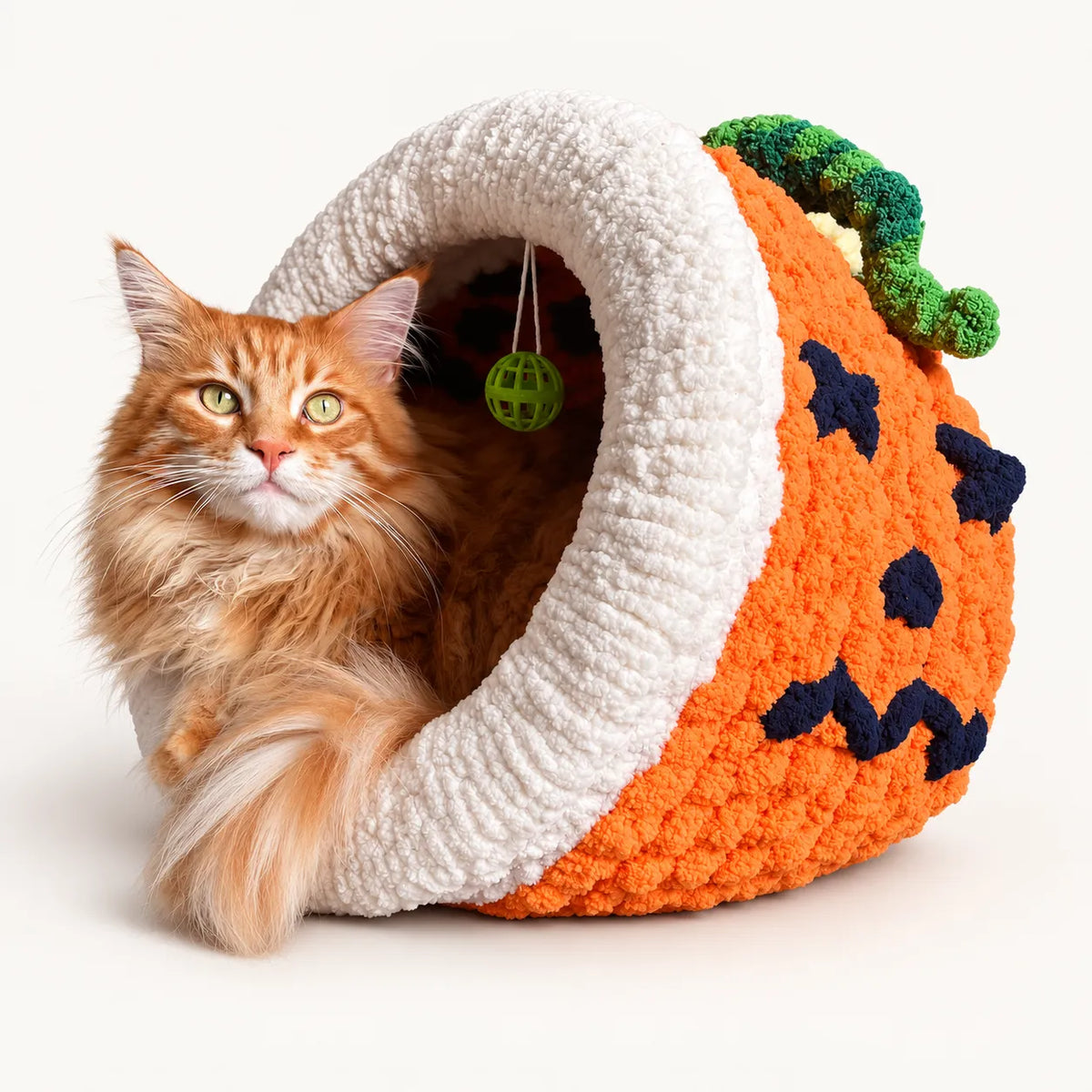 Luxury Chunky Knit Cat Cave Bed with Pom-Pom Toy - Handmade to Order