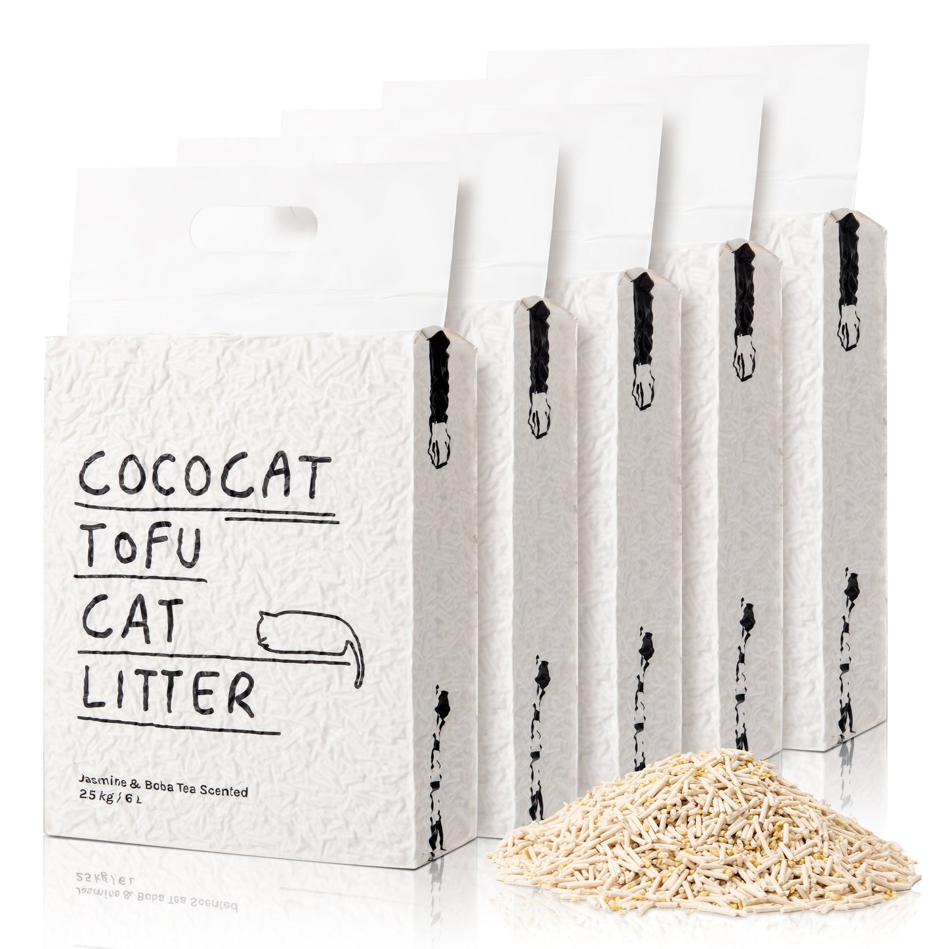 Cococat tofu cat litter packaging with a small pile of litter on a white background