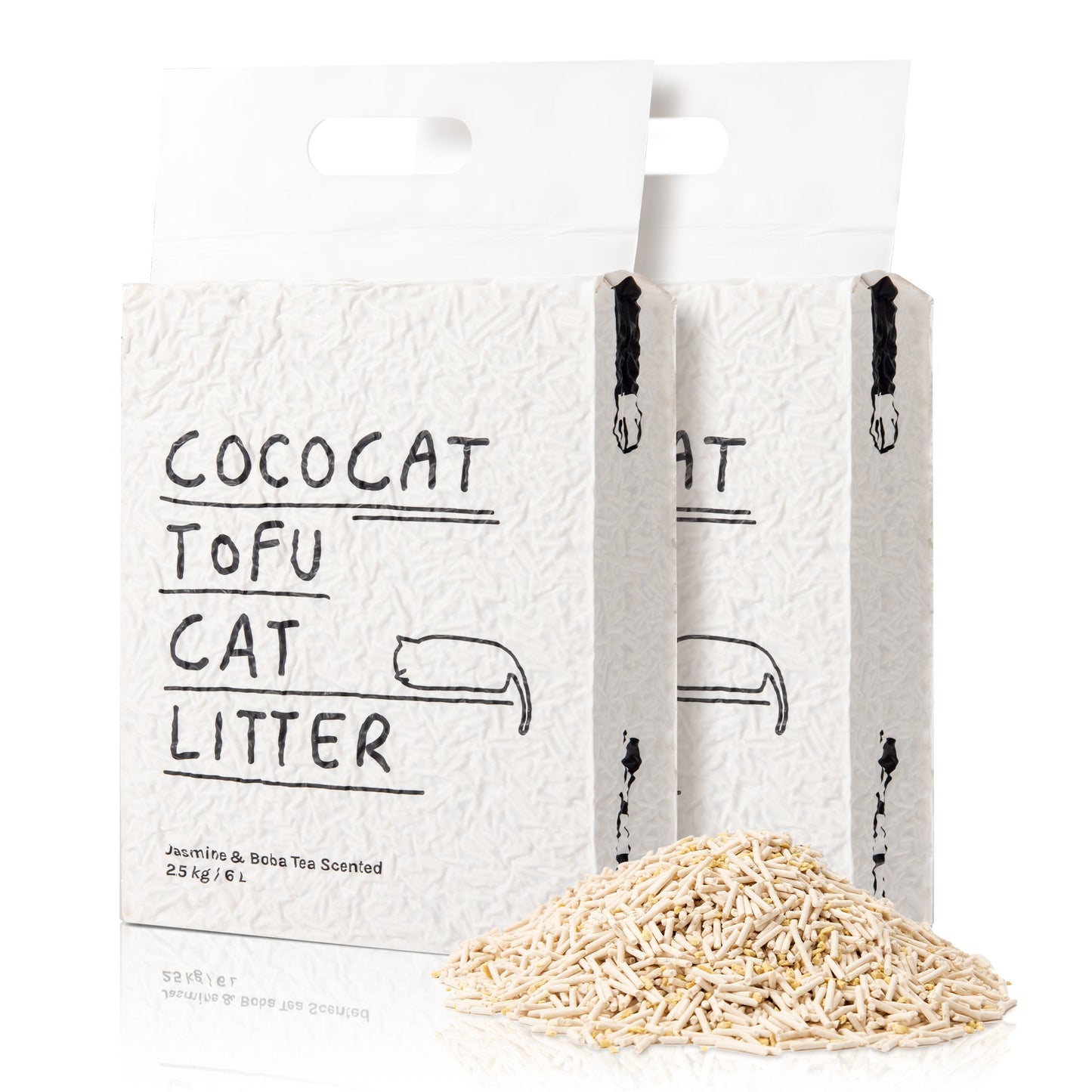 Cococat Tofu cat litter packaging with a small pile of litter on a white background