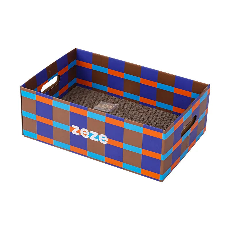 zeze Checkered Cardboard Cat Scratcher Box — Lounger, Scratch Pad & Catnip-Fussy Cat