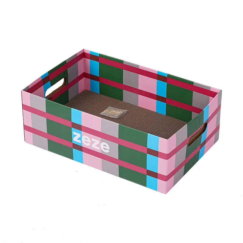 zeze Checkered Cardboard Cat Scratcher Box — Lounger, Scratch Pad & Catnip-Fussy Cat