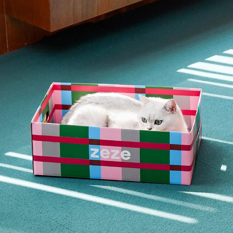 zeze Checkered Cardboard Cat Scratcher Box — Lounger, Scratch Pad & Catnip-Fussy Cat