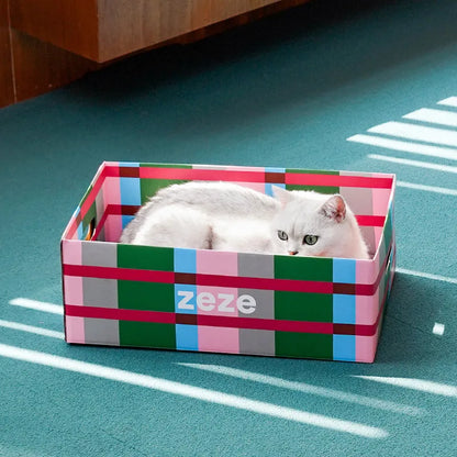 zeze Checkered Cardboard Cat Scratcher Box — Lounger, Scratch Pad & Catnip-Fussy Cat