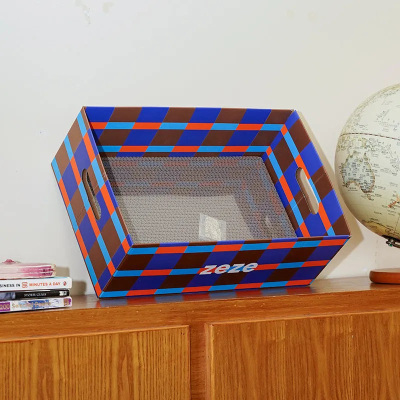 zeze Checkered Cardboard Cat Scratcher Box — Lounger, Scratch Pad & Catnip-Fussy Cat