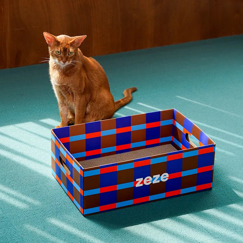 zeze Checkered Cardboard Cat Scratcher Box — Lounger, Scratch Pad & Catnip-Fussy Cat