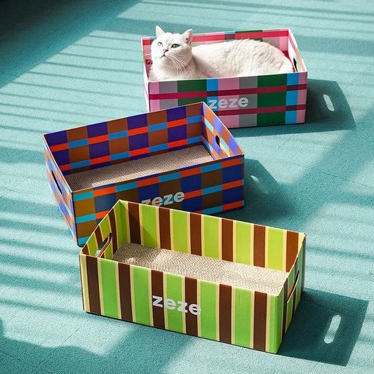 zeze Checkered Cardboard Cat Scratcher Box — Lounger, Scratch Pad & Catnip-Fussy Cat