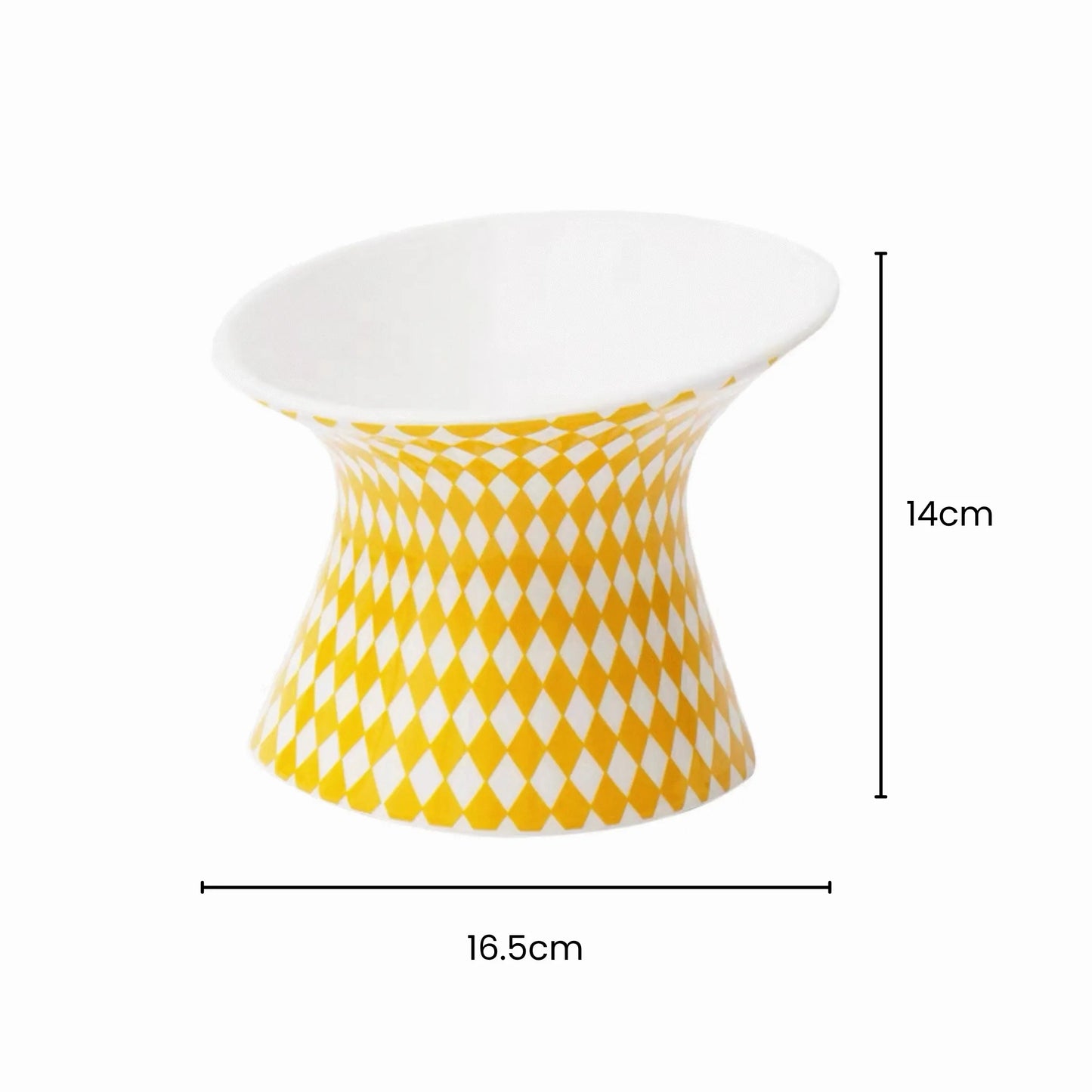 zeze Pop Art ceramic pet bowl, yellow and white diamond pattern, 12° tilted, 16.5cm wide, 14cm tall.