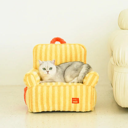 zeze Striped Plush Pet Armchair — High-Backed Cat Chair with Carry Handle-Fussy Cat