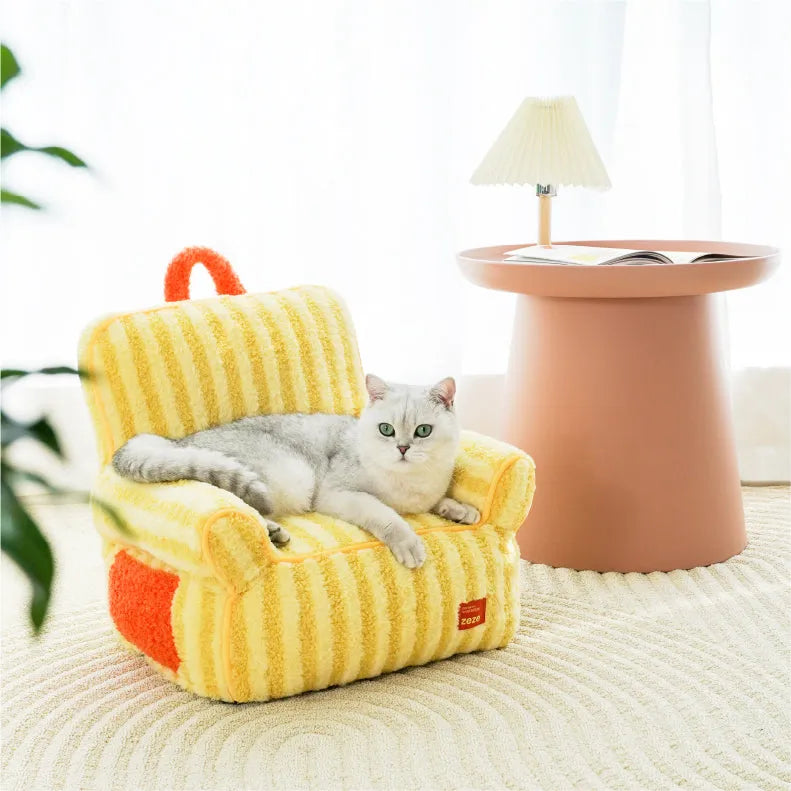 zeze Striped Plush Pet Armchair — High-Backed Cat Chair with Carry Handle-Fussy Cat