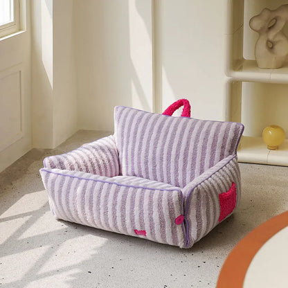 zeze Striped Plush Pet Sofa Bed — Bolstered Arms, Carry Handle & Zip Cover-Fussy Cat