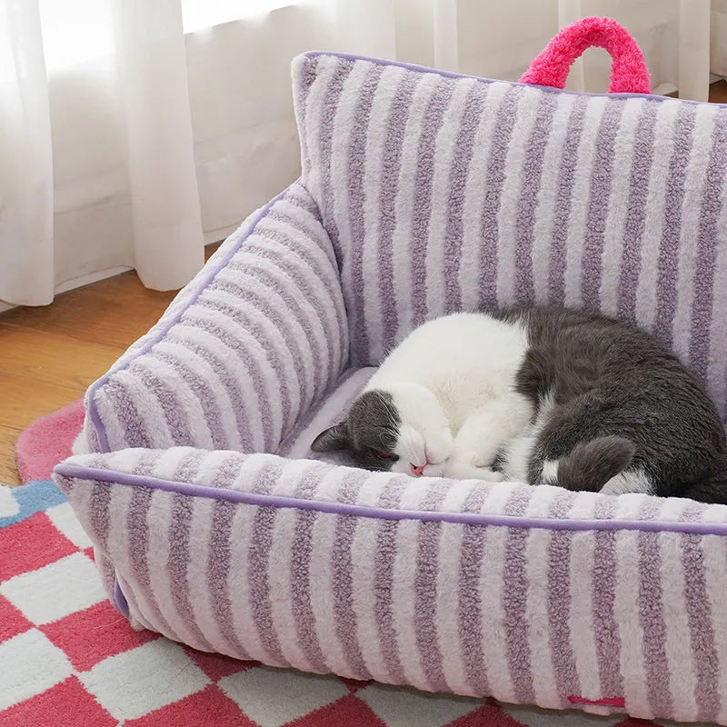 zeze Striped Plush Pet Sofa Bed — Bolstered Arms, Carry Handle & Zip Cover-Fussy Cat