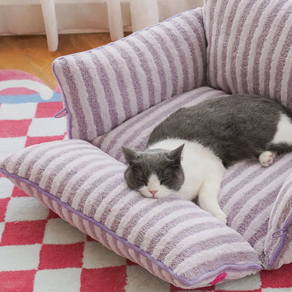 zeze Striped Plush Pet Sofa Bed — Bolstered Arms, Carry Handle & Zip Cover-Fussy Cat