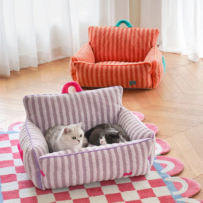 zeze Striped Plush Pet Sofa Bed — Bolstered Arms, Carry Handle & Zip Cover-Fussy Cat