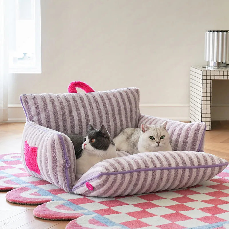 zeze Striped Plush Pet Sofa Bed — Bolstered Arms, Carry Handle & Zip Cover-Fussy Cat